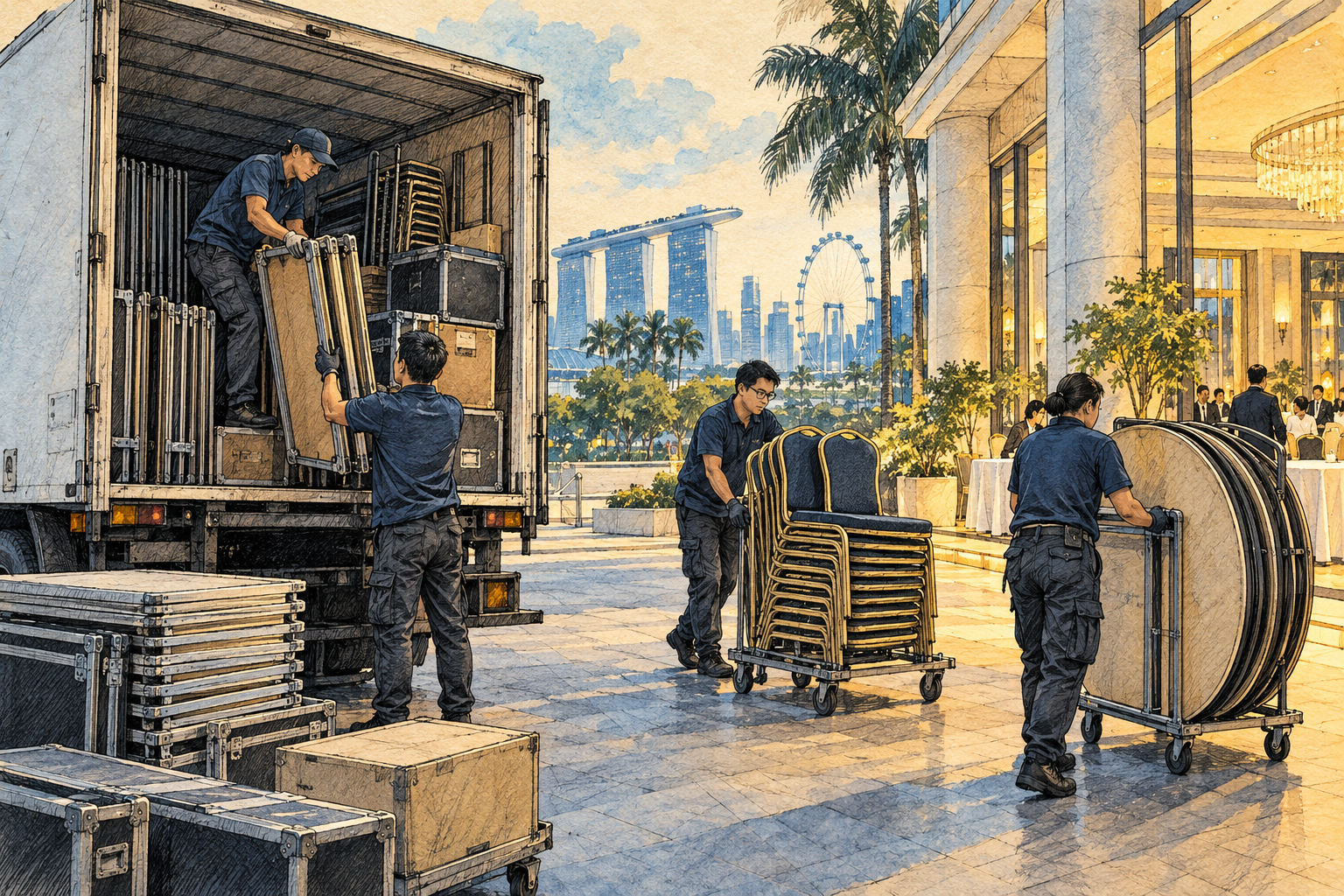 Ink and watercolor drawing of event collection and delivery