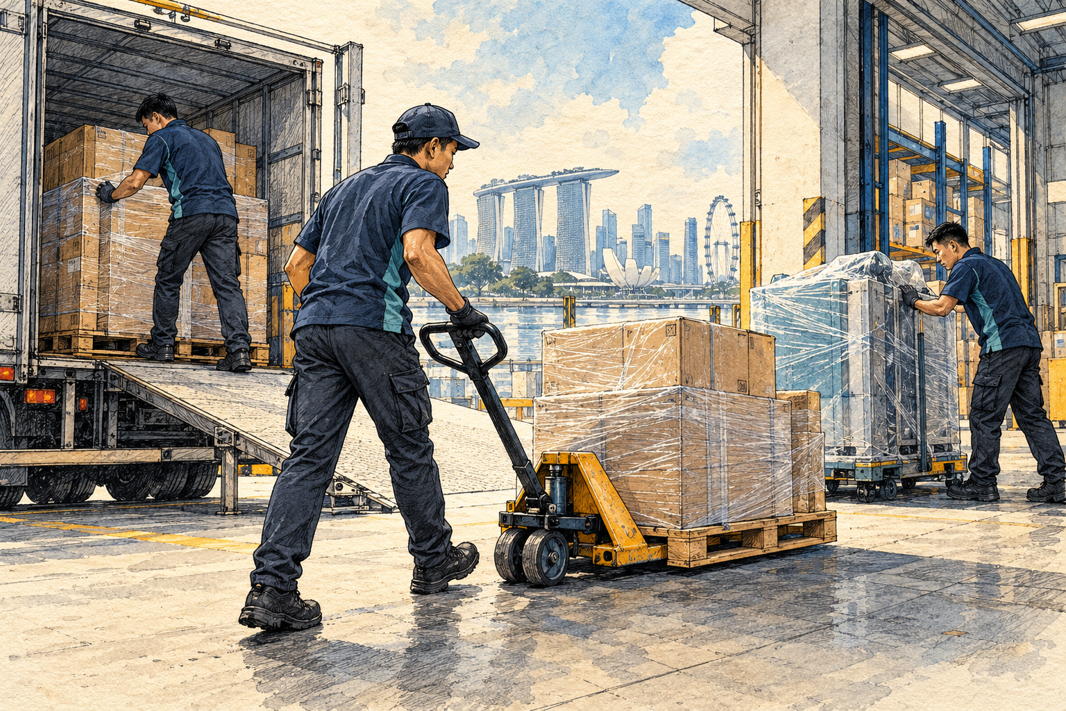 Ink and watercolor drawing of local cargo delivery